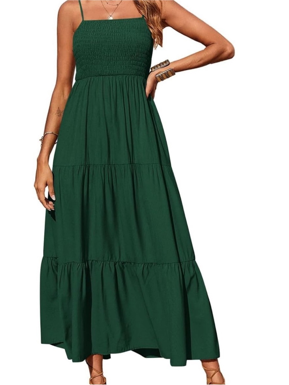 Smocked Bodice Maxi Dress in Teal Green